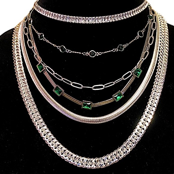 Handmade Sterling Silver Multilayer Chain Link Choker Emerald Necklace - Picture 3 of 4